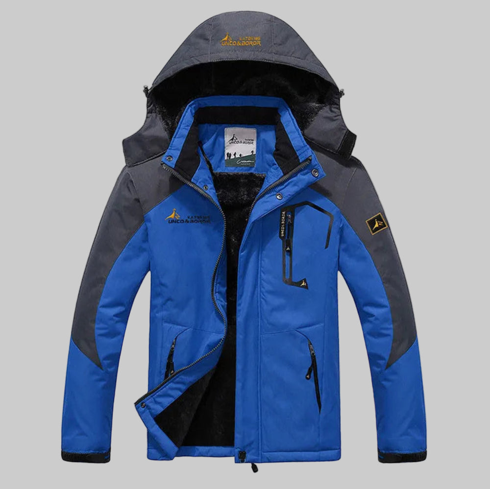 Blue and gray jacket with brand logo on a white background