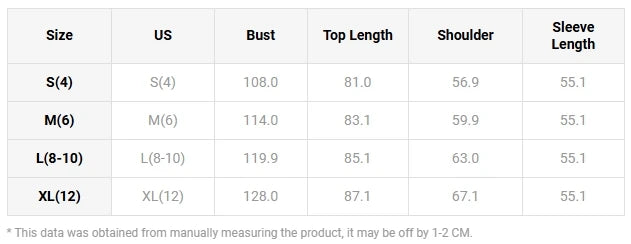 Measurement chart for clothing sizes S to XL with dimensions in centimeters.
