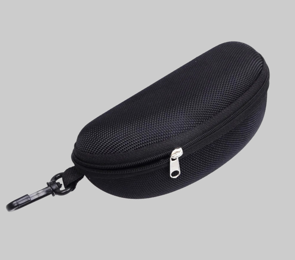 Black zippered case on a white background