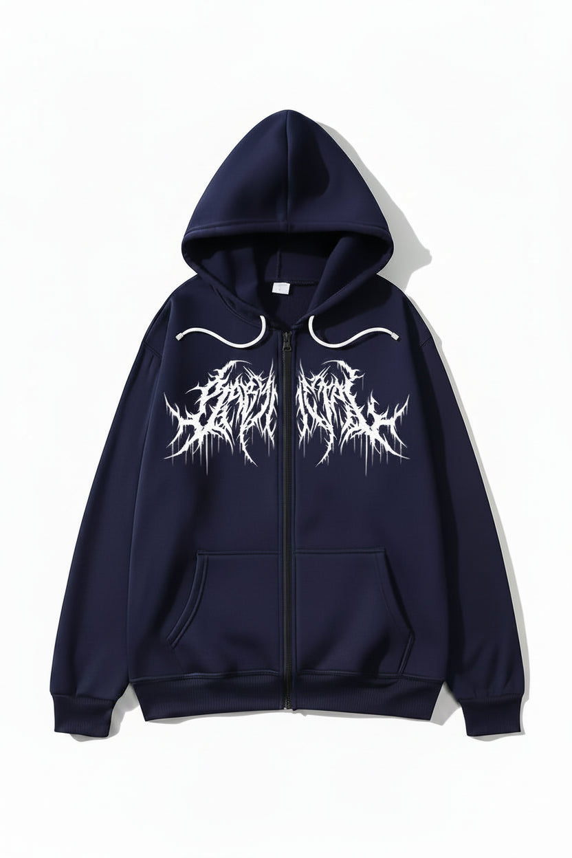 Navy blue hoodie with white graphic design on a white background