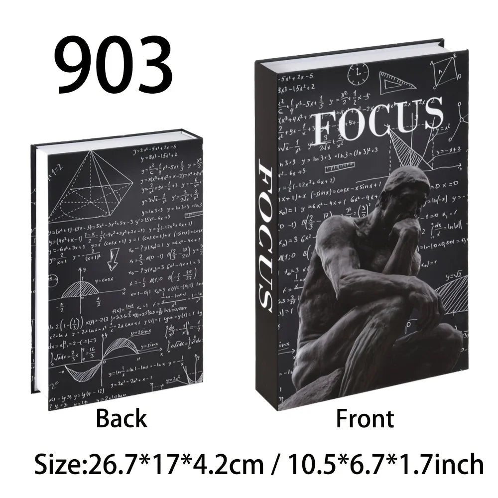 Notebook with 'FOCUS' text and mathematical equations on a black background, shown from front and back.