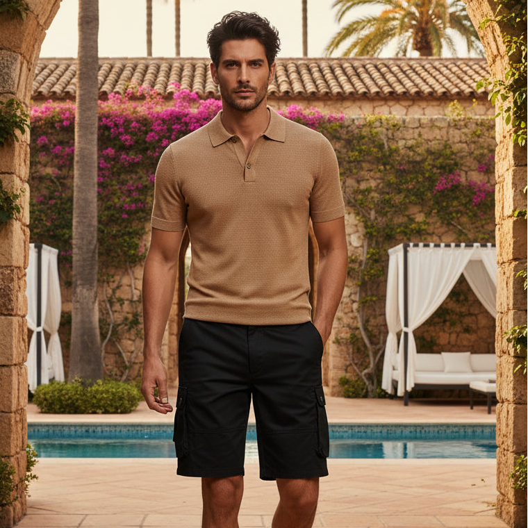 Black cargo shorts on a white background