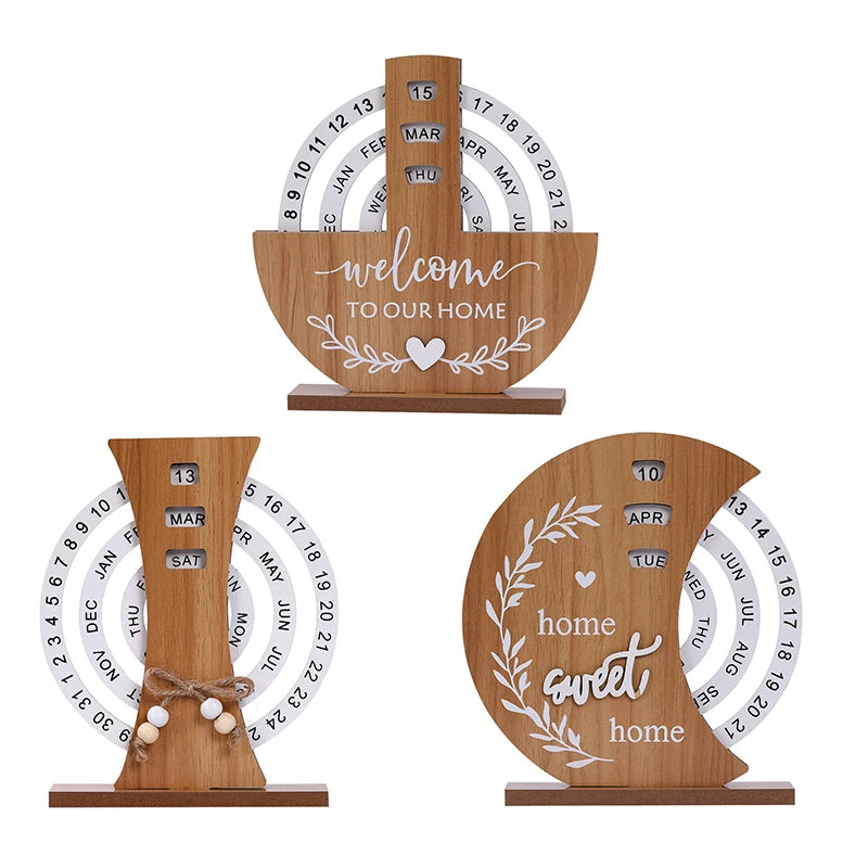 Wooden calendar set with decorative phrases on a white background