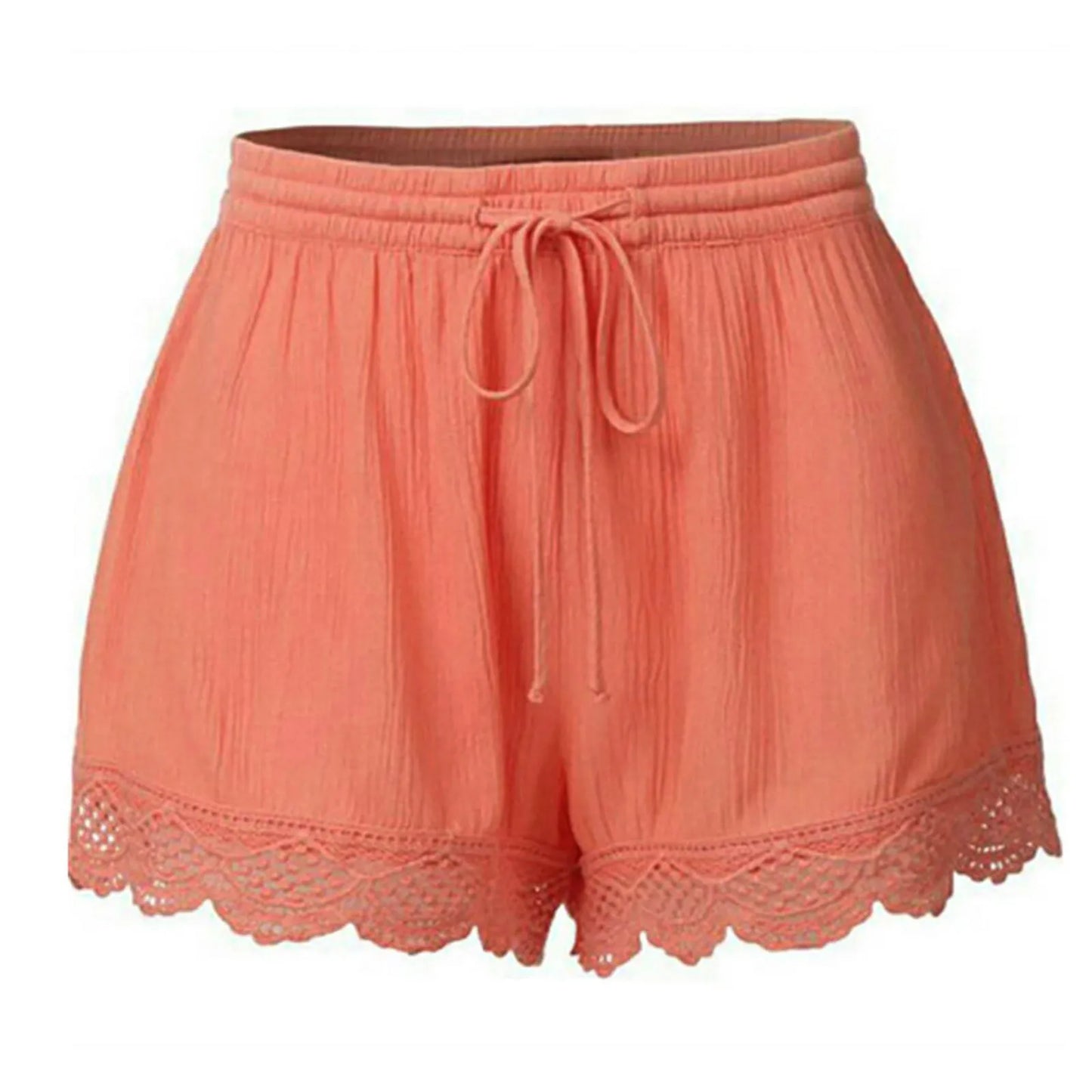 Coral shorts with lace trim on a white background