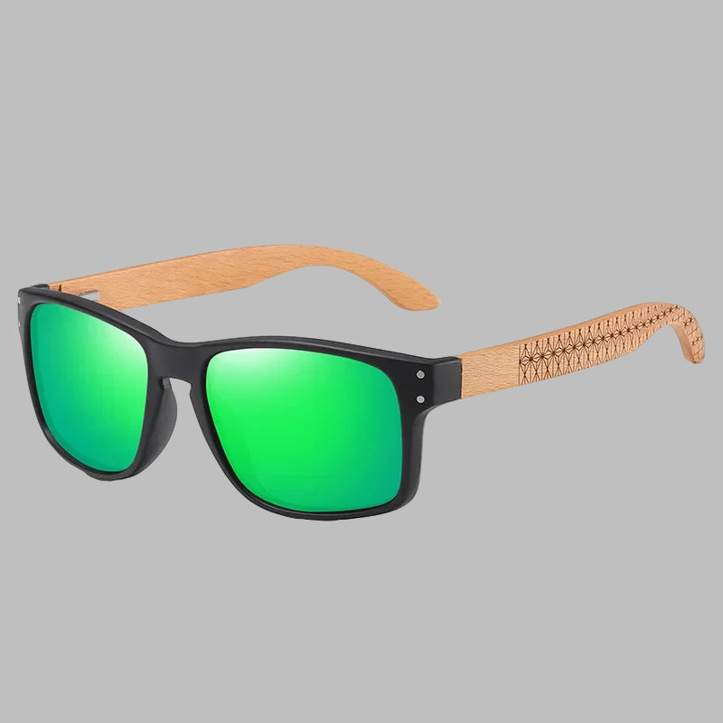 Sunglasses with green lenses and wooden frame on a white background