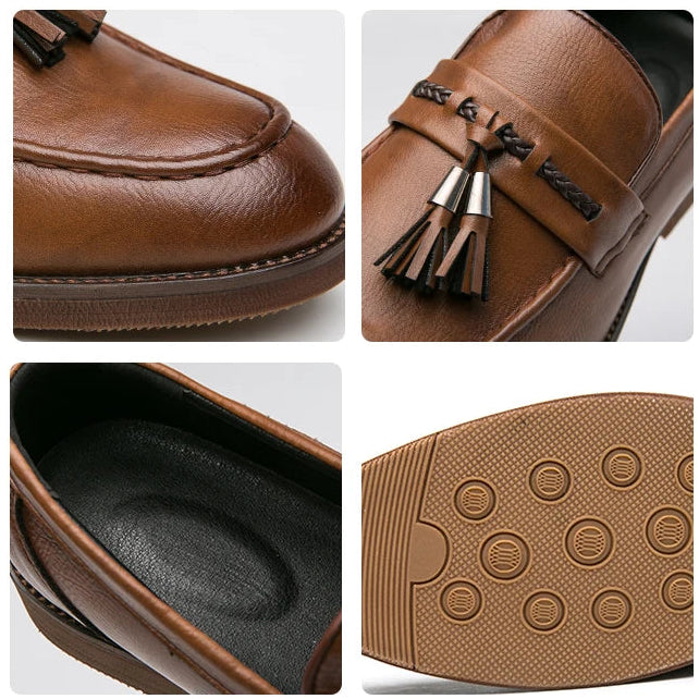 Collage of brown loafers with tassels, showing different angles and details.