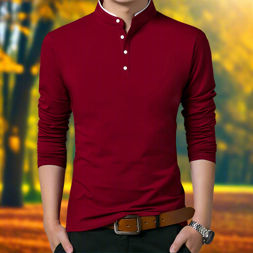 Red long-sleeve polo shirt worn by a person on a gray background
