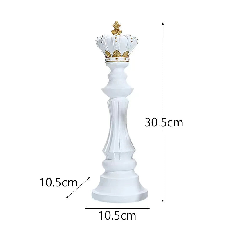 White chess piece with gold crown and measurements on a white background