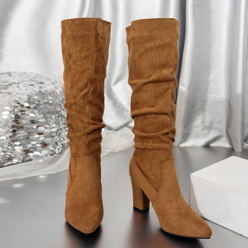 Lyla Ladies Pointed Toe Pleated Chunky Knee Boots