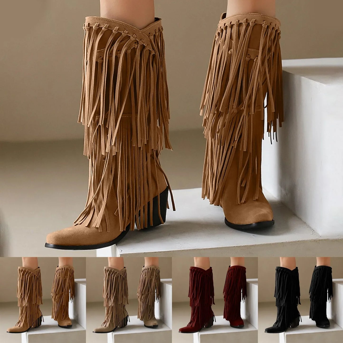 Tan fringe boots displayed on a white surface with color swatches below.