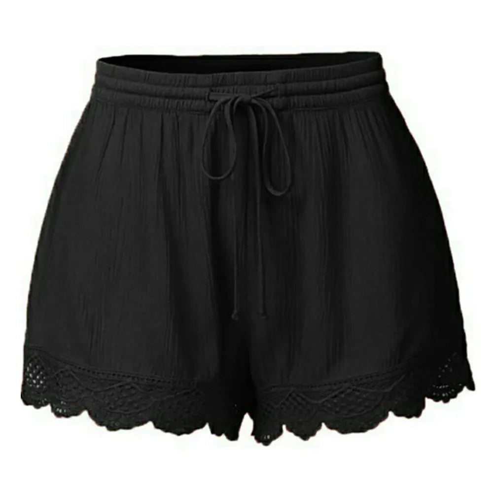 Black shorts with lace trim on a white background