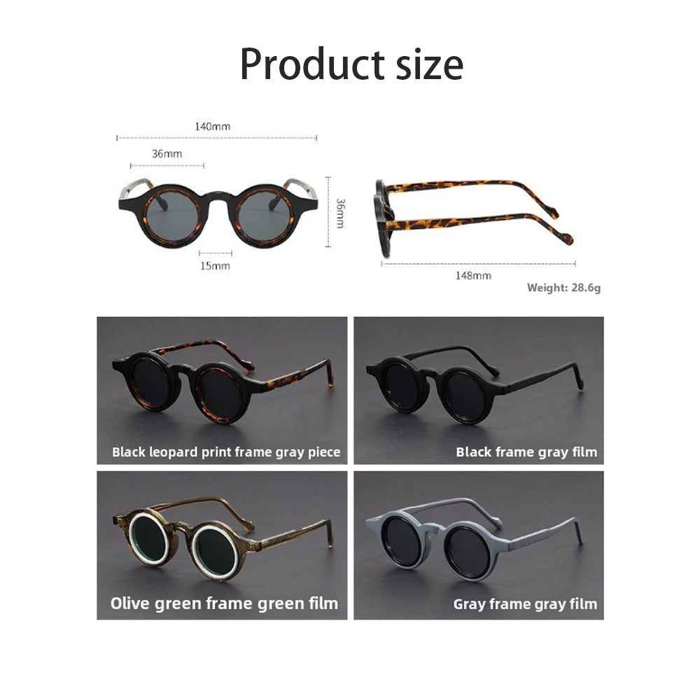 Sunglasses collection with measurements and color options displayed on a white background