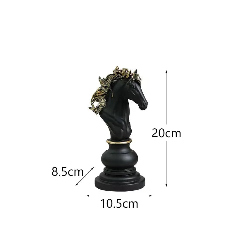 Black horse head sculpture with gold accents and measurements on a white background