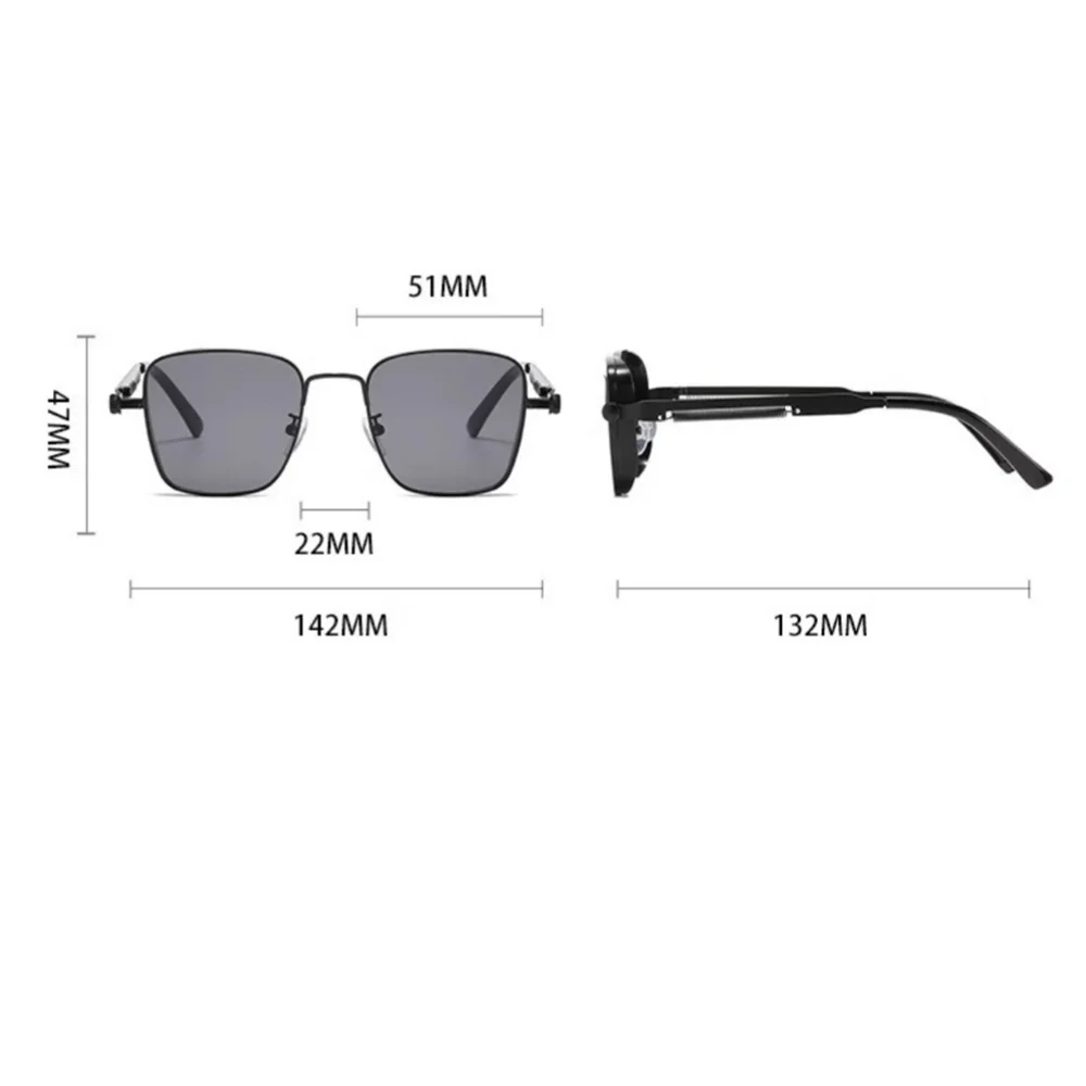 Sunglasses with dimensions labeled on a white background