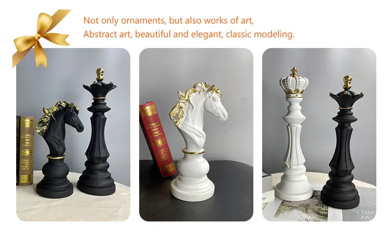 Decorative chess pieces with crowns and gold accents on a neutral background