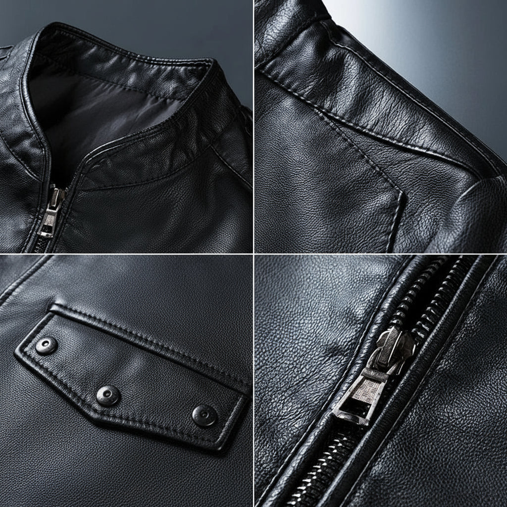 Collage of close-up details of a black leather jacket on a gray background.