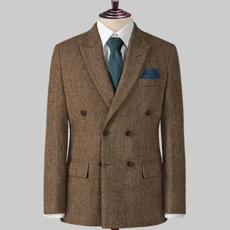 Chestnut Brown tweed double-breasted jacket on a mannequin with a white shirt and green tie.