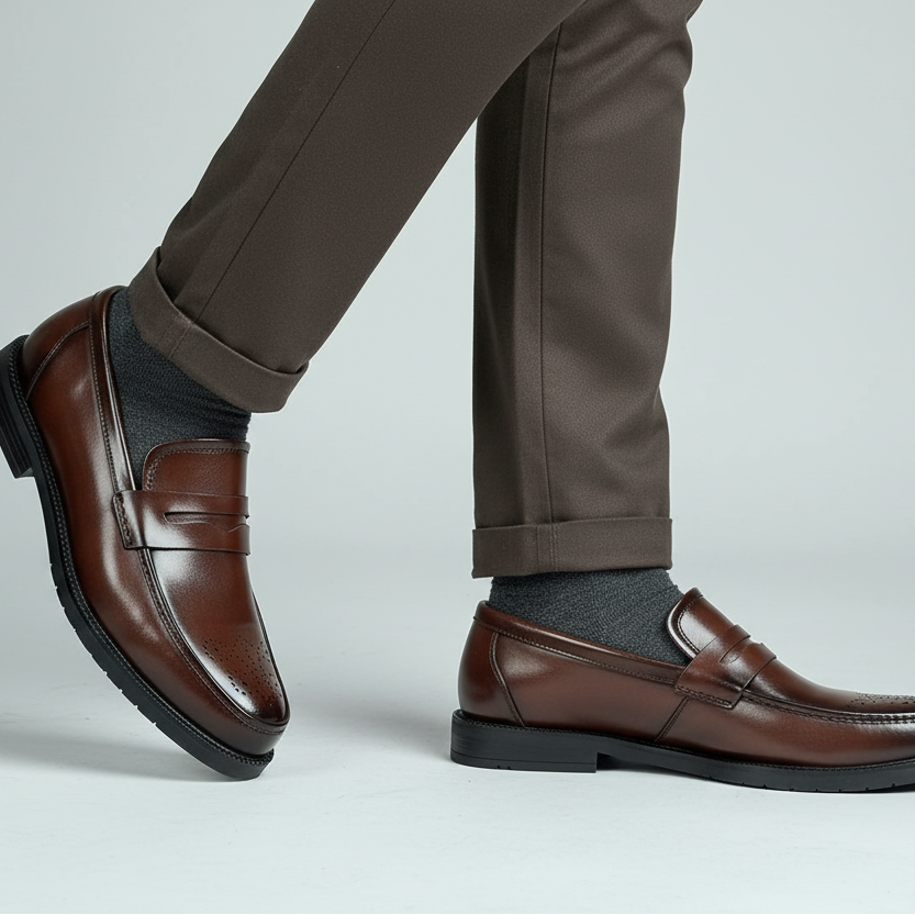 Pair of brown leather loafers on a white surface with a light green background