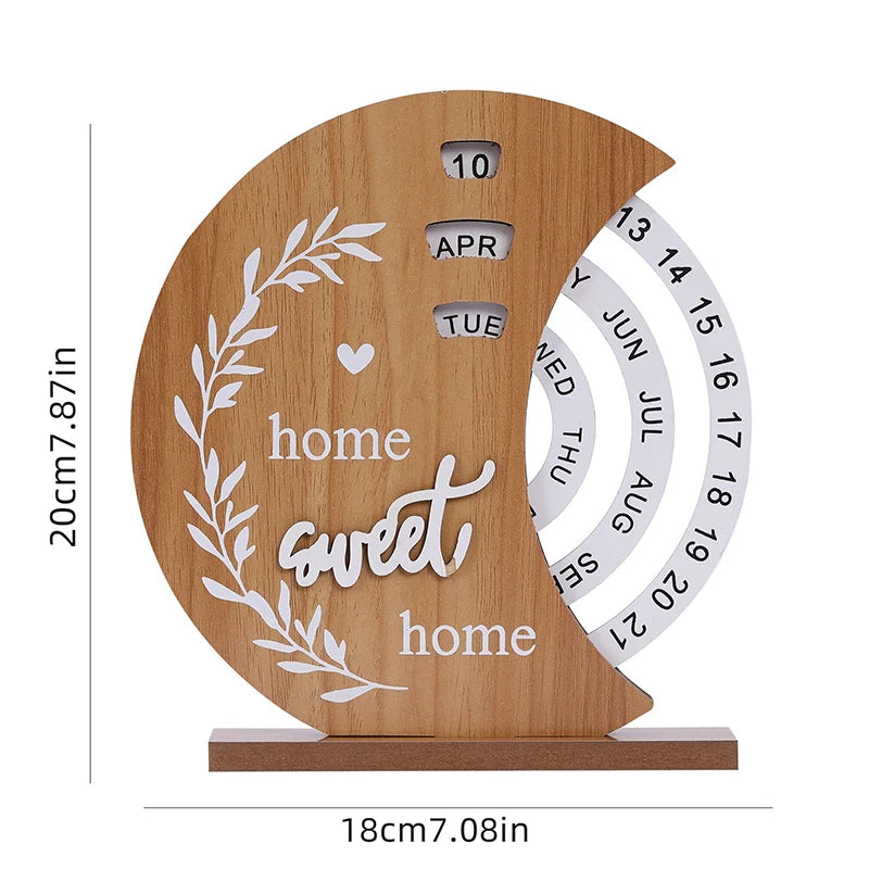 Wooden calendar with 'home sweet home' text and measurements on a white background