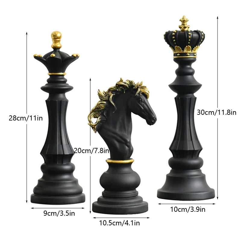 Black and gold chess pieces with measurements on a white background