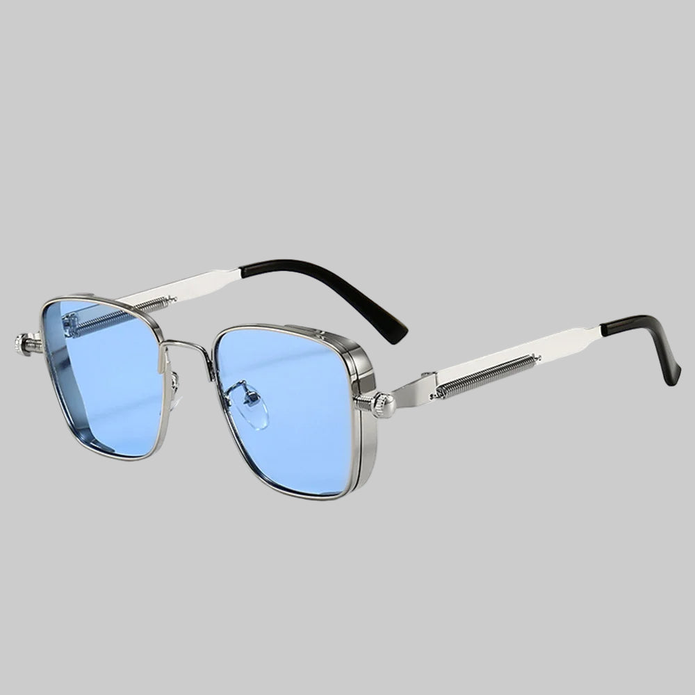 Sunglasses with blue lenses and silver frames on a white background