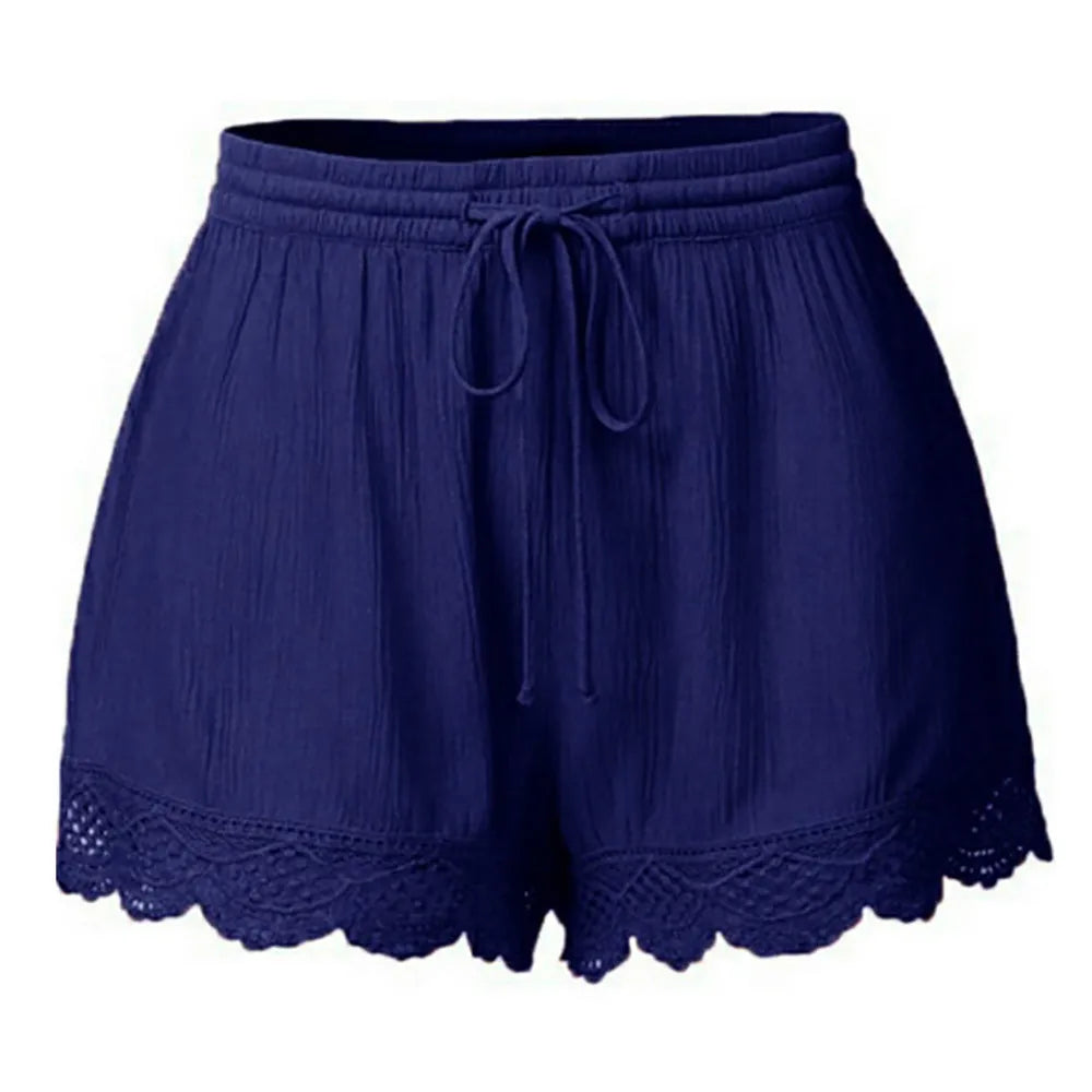 Navy blue shorts with lace trim on a white background