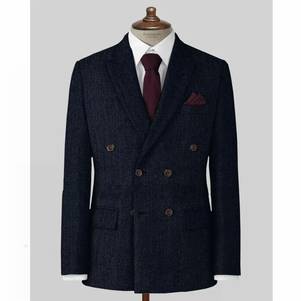 Navy Blue double-breasted suit jacket with a red tie and pocket square on a mannequin against a light gray background.