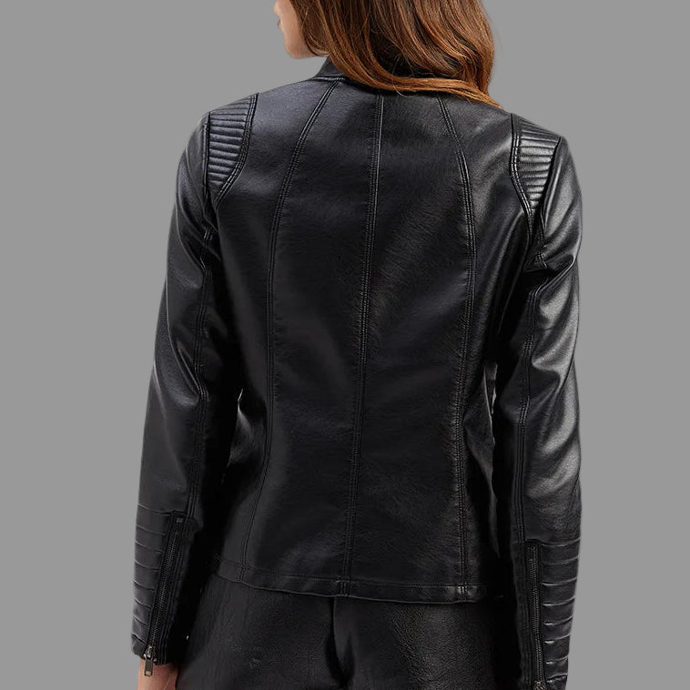 Person wearing a black leather jacket on a white background