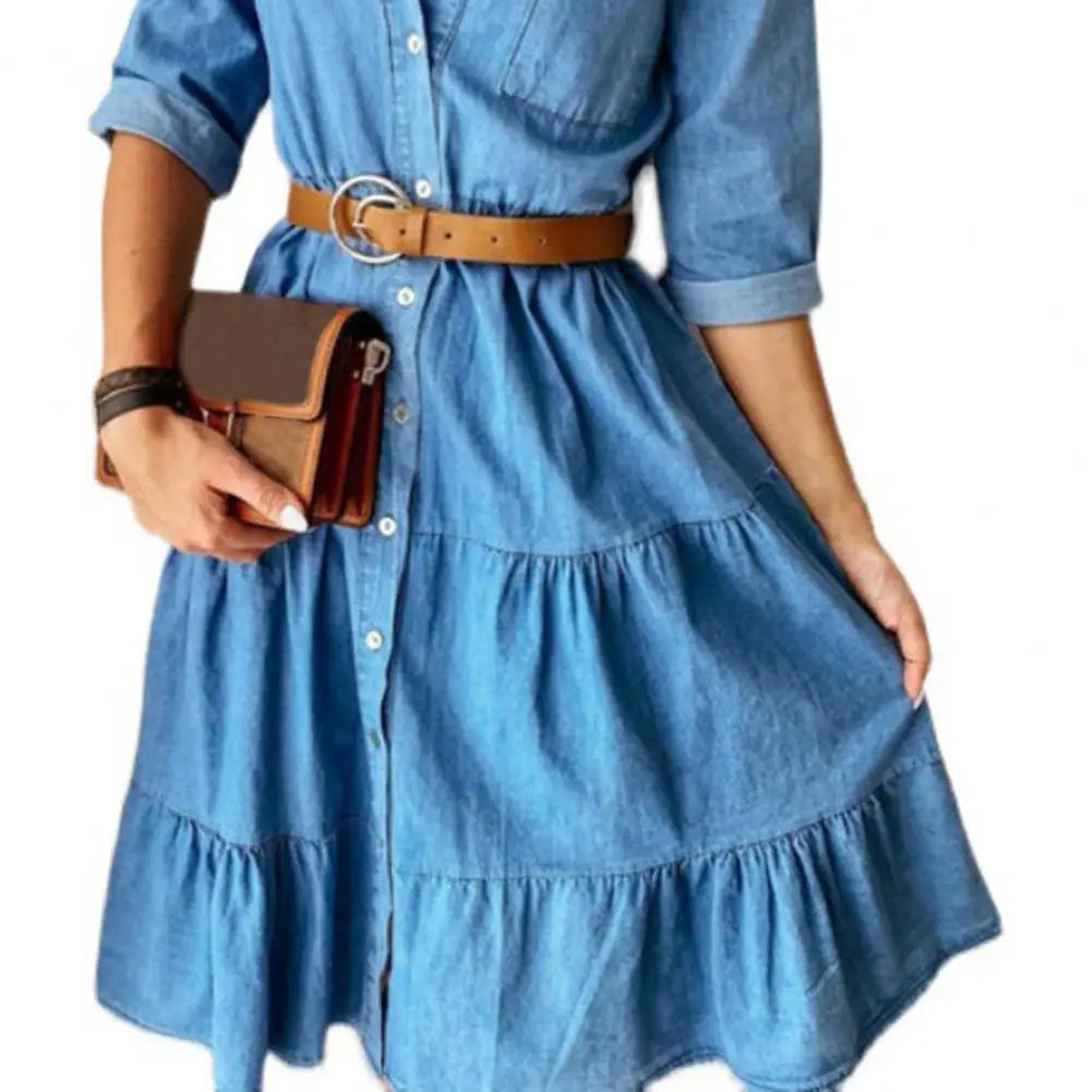 Denise Denim Belted Ruffle Dress