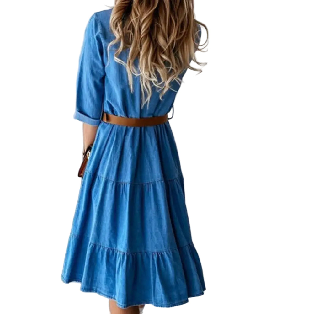 Denise Denim Belted Ruffle Dress