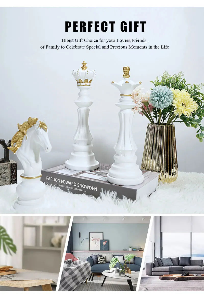 Decorative chess pieces with a vase of flowers on a table, with text about it being a perfect gift.