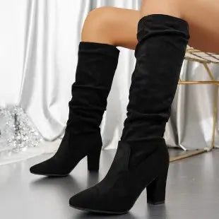 Lyla Ladies Pointed Toe Pleated Chunky Knee Boots