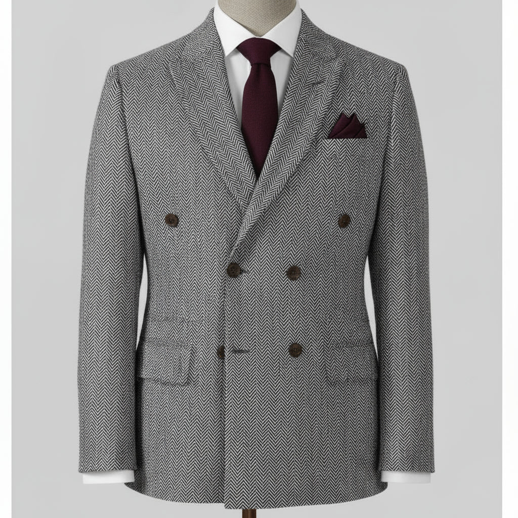 Light Gray herringbone suit jacket with a white shirt and burgundy tie on a mannequin against a light gray background.