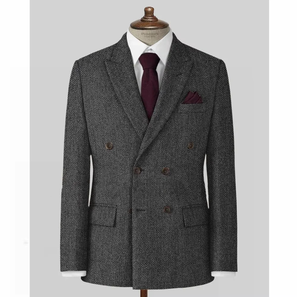 Dark Gray herringbone suit jacket with a burgundy tie and pocket square on a mannequin against a light gray background.