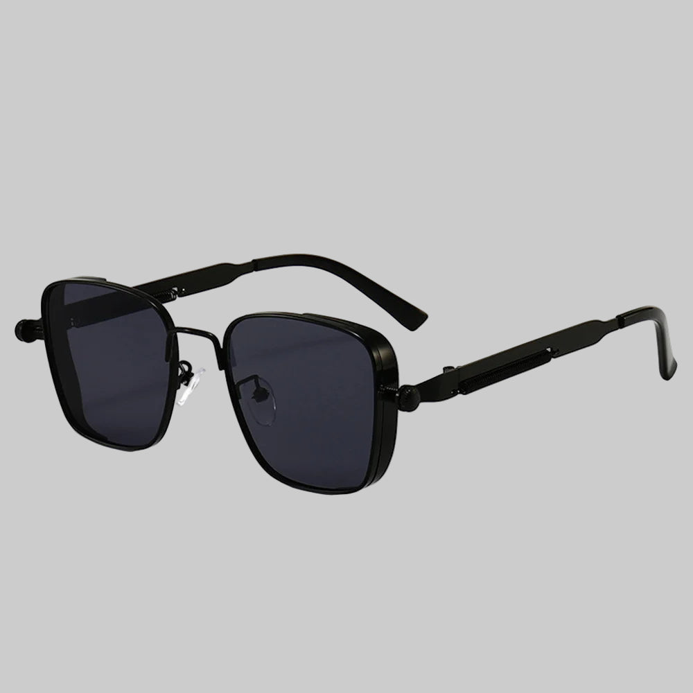 Black sunglasses with dark lenses on a white background