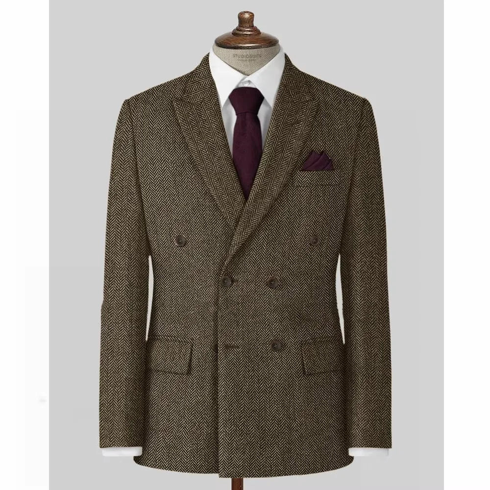 Brown tweed Herringbone suit jacket on a mannequin with a white shirt and purple tie.