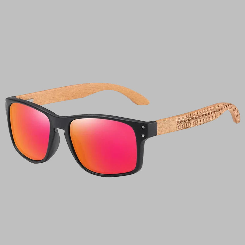 Sunglasses with red lenses and wooden frame on a white background