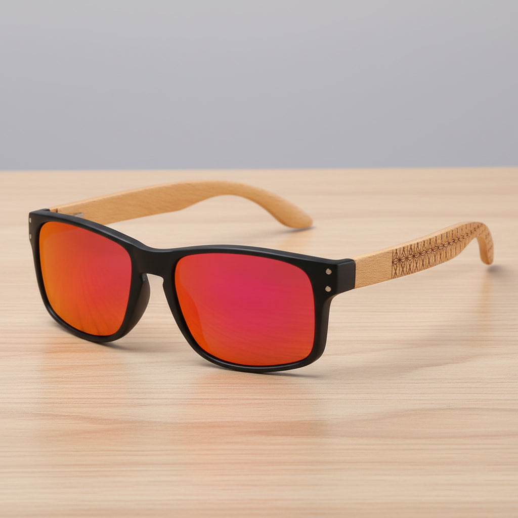 Sunglasses with red lenses and wooden frame on a white background