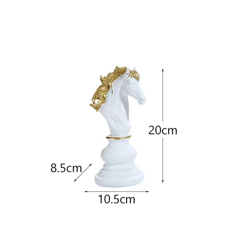 White and gold horse figurine with measurements on a white background