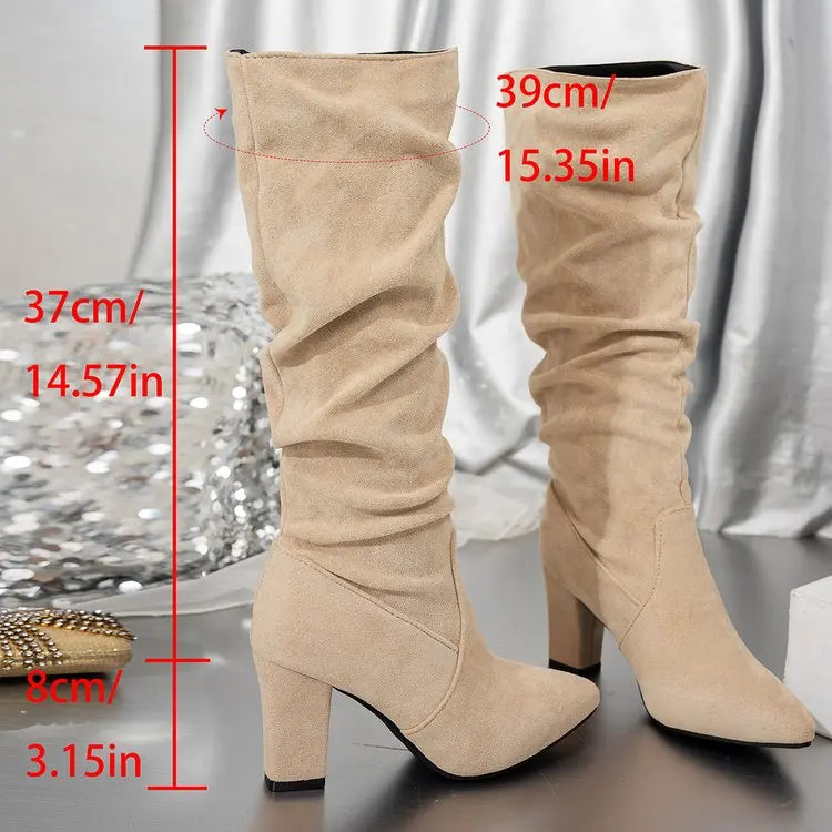 Lyla Ladies Pointed Toe Pleated Chunky Knee Boots