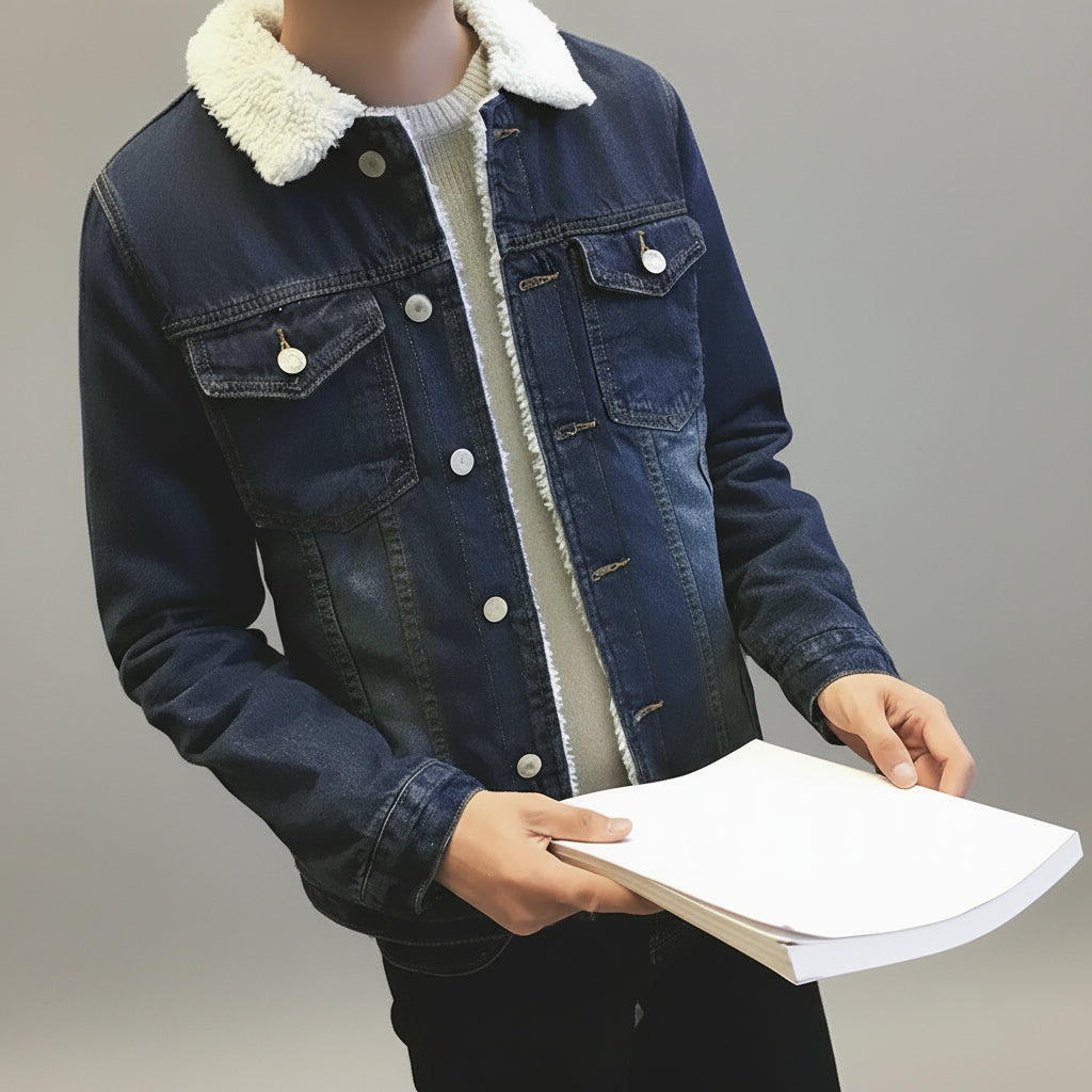 Person wearing a denim jacket with white fur lining, holding a book in a store setting.