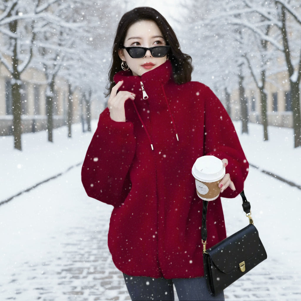 Woman in a red coat holding a coffee cup and black handbag in front of a glass door.