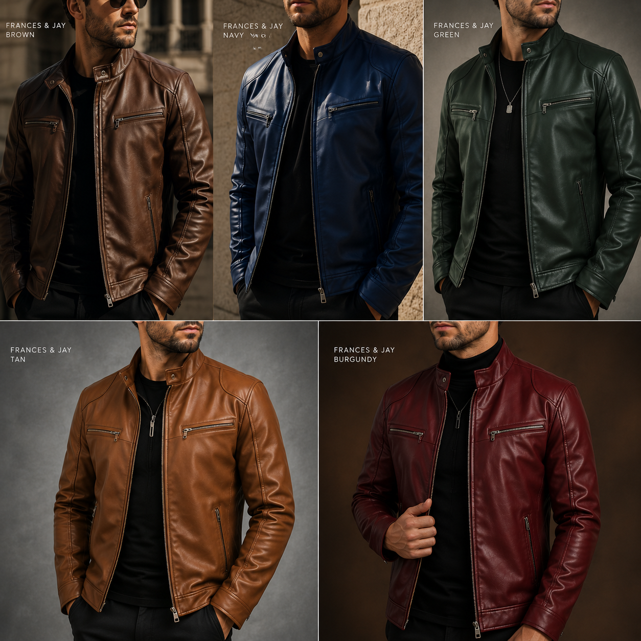A 5-panel collage showing men wearing faux leather moto jackets in different colors: brown, navy, green, tan, and burgundy. Each panel features a cropped male model wearing the jacket over a black shirt, with the text 'FRANCES & JAY' and the color name printed in the top-left corner of each panel.
