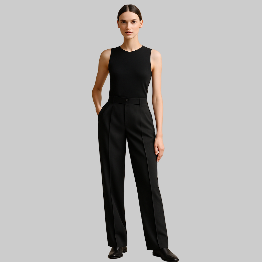 generate image of pants on model wearing black pleated front trousers one button zip up closure