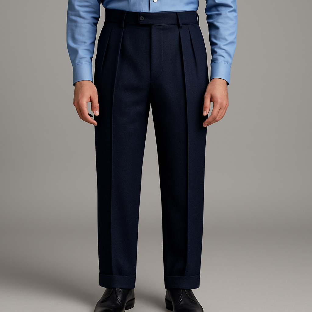 Navy Blue Wool Cashmere Suit Pants - No Cuffs