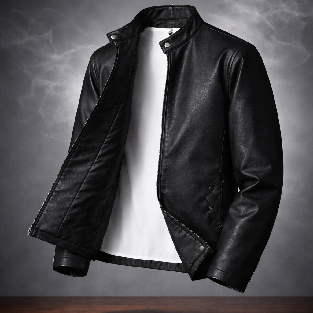 Black leather jacket on a white shirt against a dark background