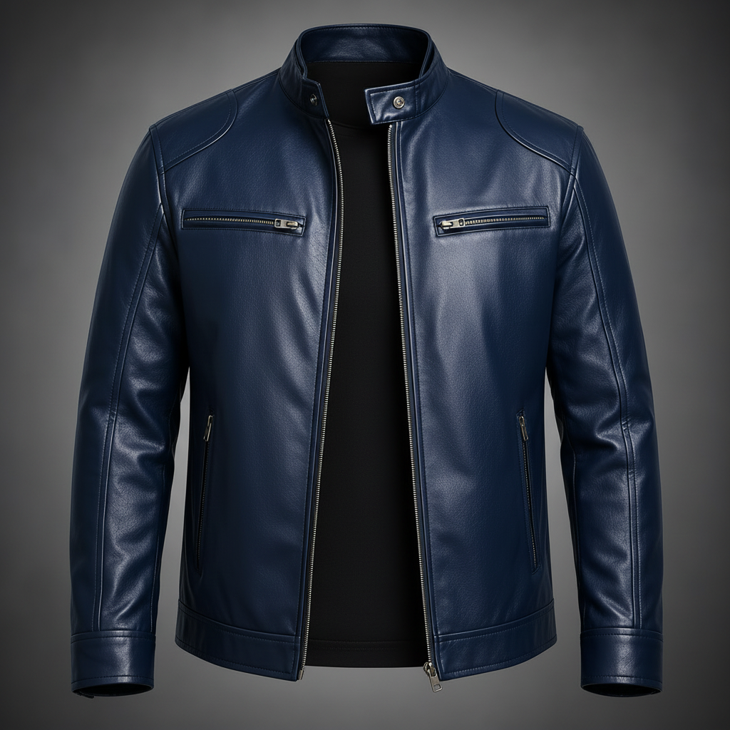 A men's navy blue leather jacket with a stand collar, front zipper, and zippered chest pockets, shown on a black shirt against a dark gray gradient background.