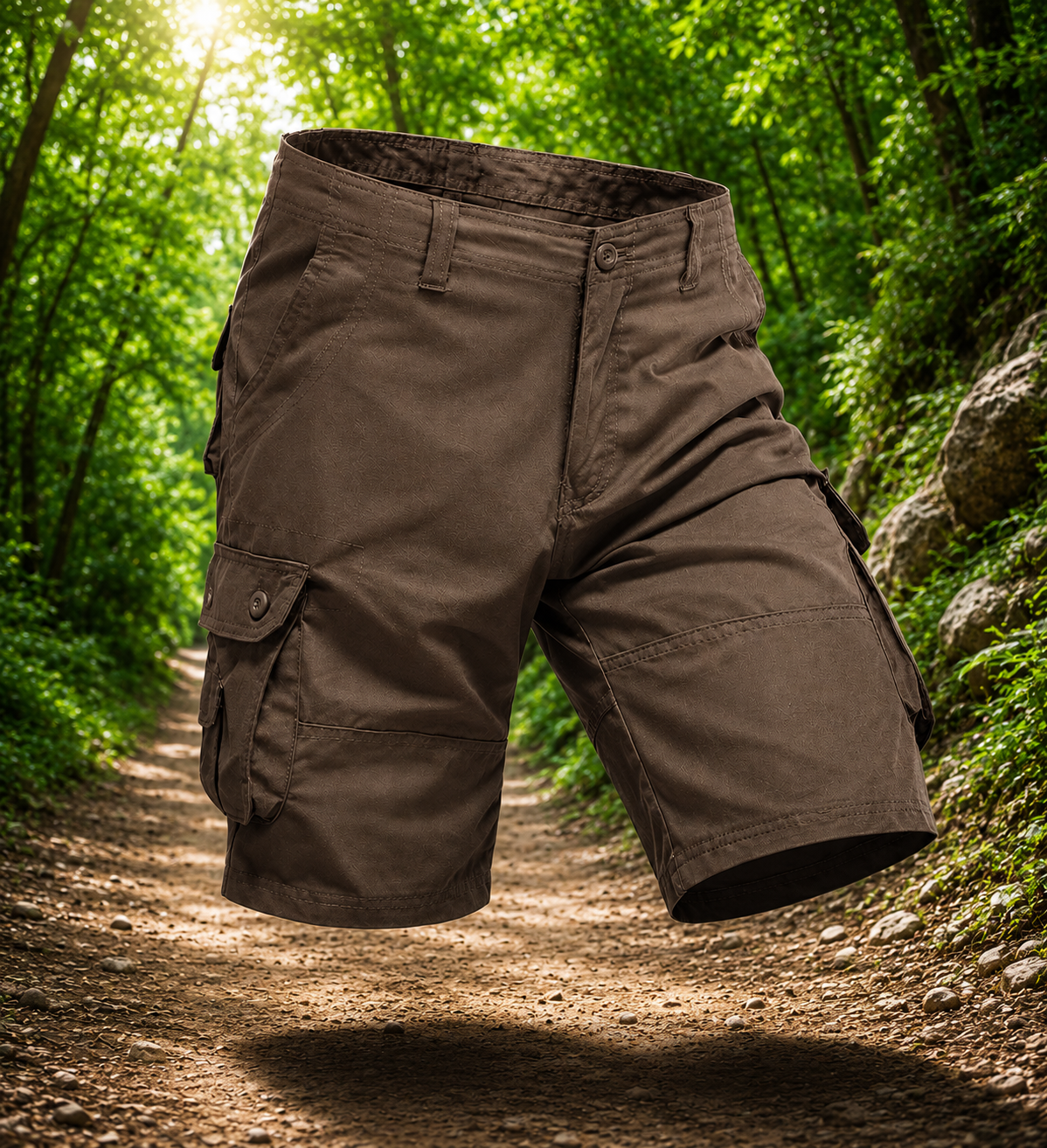 Brown cargo shorts on a forest path with sunlight filtering through the trees.