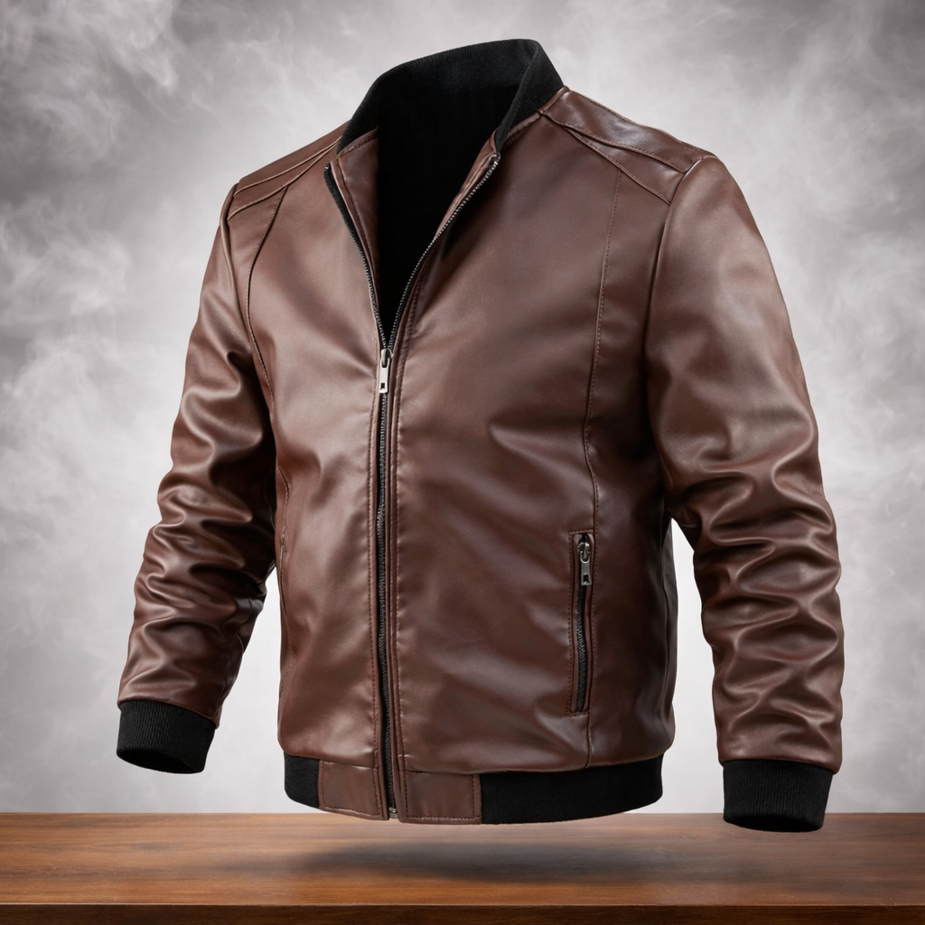 Brown leather jacket on a wooden surface with a gray background