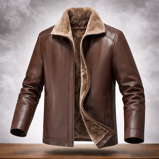 Brown leather jacket with fur lining on a wooden surface and gray background